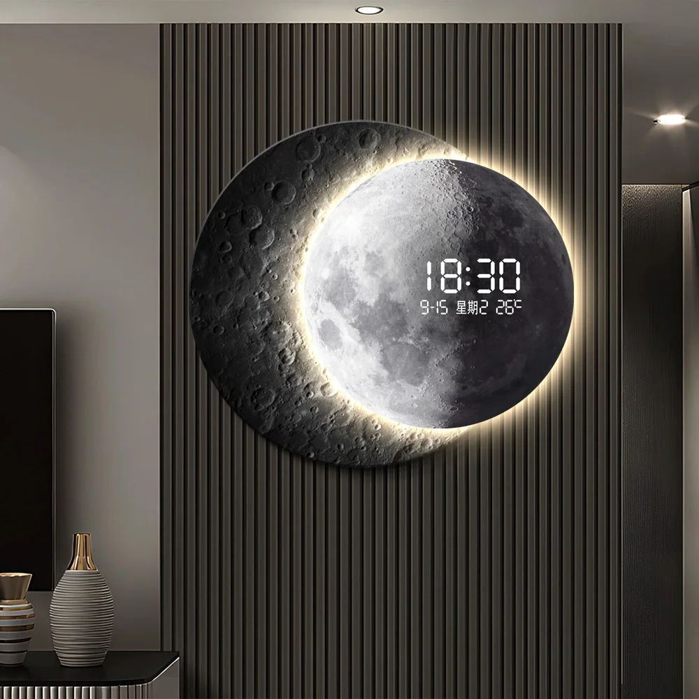 Sentido avançado 2025 tv fundo luz de parede luxo lua sofá com relógio sala estar varanda circular lâmpada mural