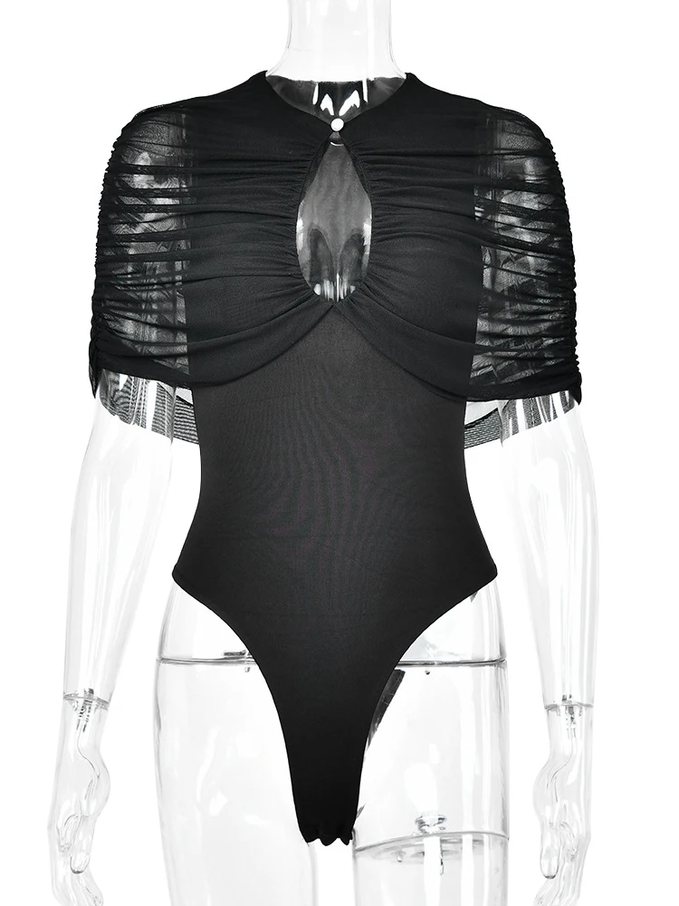 JULISSA MO Sexy Hollow Out High Elastic Women Bodysuit Black High Waist Pearl Button Romper Autumn Skinny Elegant Party Clubwear - view 6