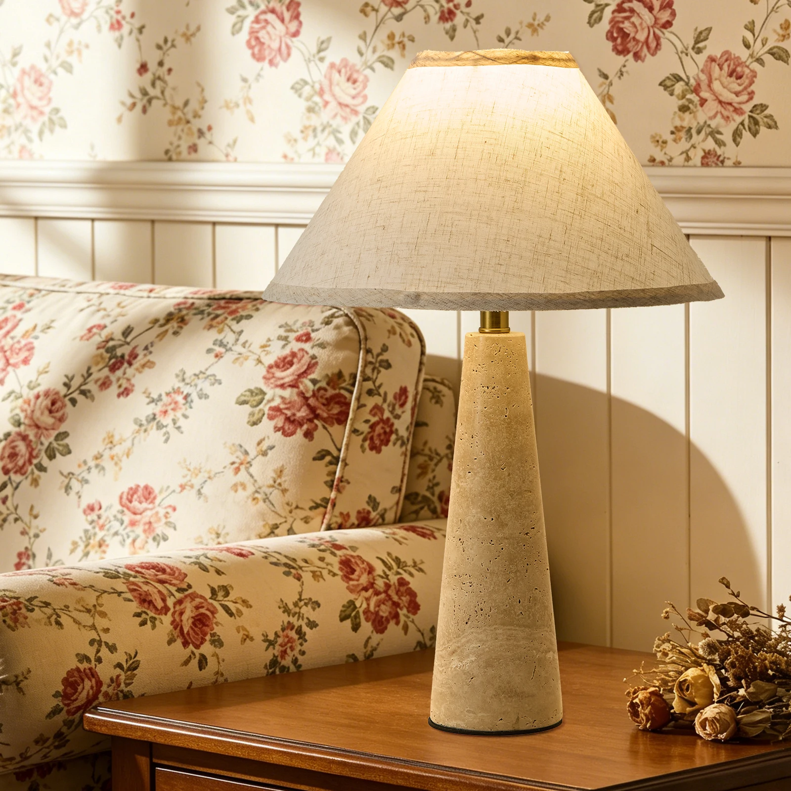 Yellow Travertine Fabric Art Table Lamp Japanese Marble Table Lamp for Living Room Bedroom Bedside