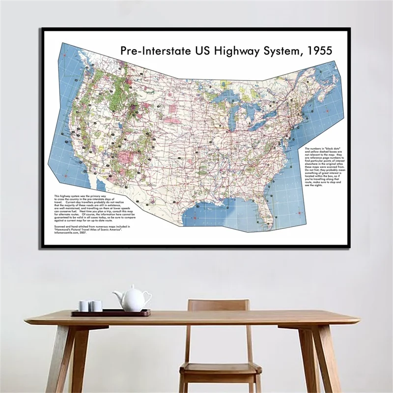 Mapa do mundo pré-interestado dos eua, sistema de retalhos altos, pôster 1955, arte dos estados unidos, parede, para casa, escola, material de escritório