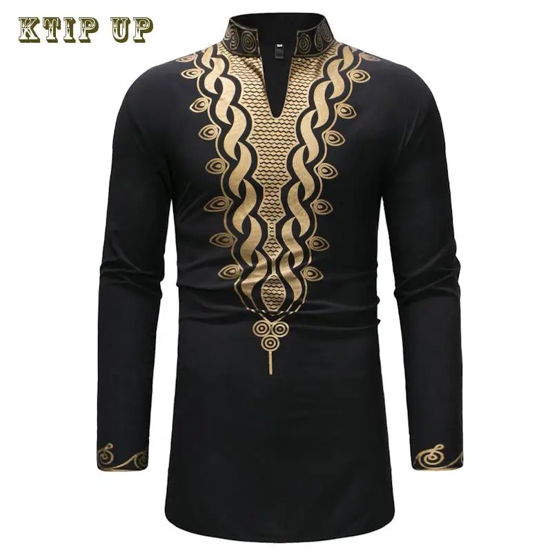 Camisa de longitud media para hombre, ropa musulmana, cuello de pie, estampado dorado, Oriente Medio, Dubai, Arabia Saudita, Islam, negro