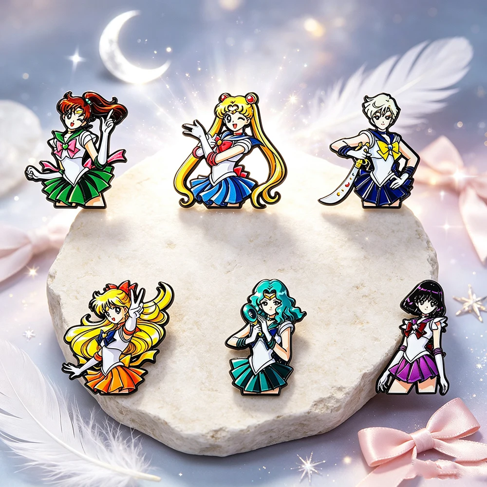 6pcs Cute Sailor Moon Anime Enamel Pins Set, Cartoon Sailor Guardians Lapel Brooch Badges, Backpack Decor Collectible Gift