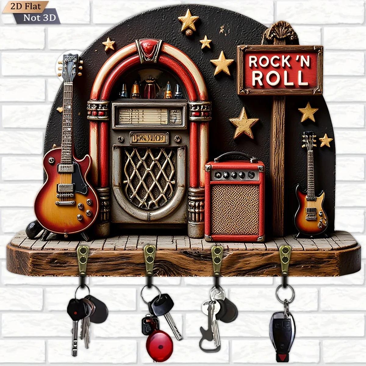 2D Flat, 1pc, Rock Guitar Retro Gramophone Key Hook Wooden Multifunctional Home Key Holder with Four Metal Hooks, Wall