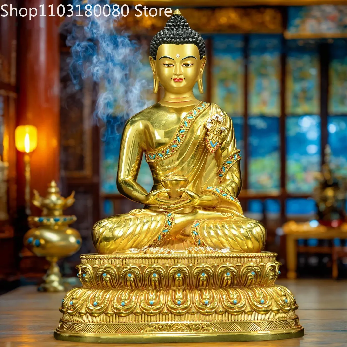 Copper gilding Sakyamuni Amitabha Medicine Buddha statue inlay Aksobhya Buddha,30cm,21cm