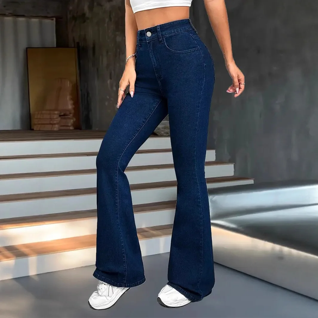 

Women's Jeans Elastic Simple and Multi-craft Dark Blue Denim Pants Slim and Thin Flared Trousers JEANS