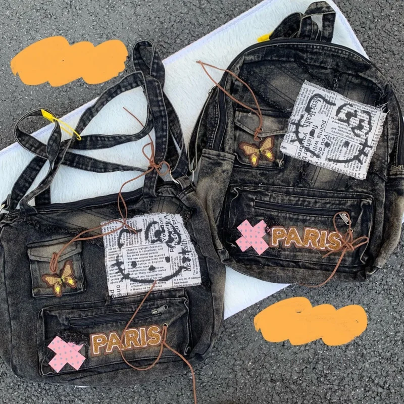 Sanrio Hello Kitty Y2K Cute Cool Spicy Girl Backpack Large Capacity Antique Denim Crossbody Bag Korean Style New Fashion Handbag