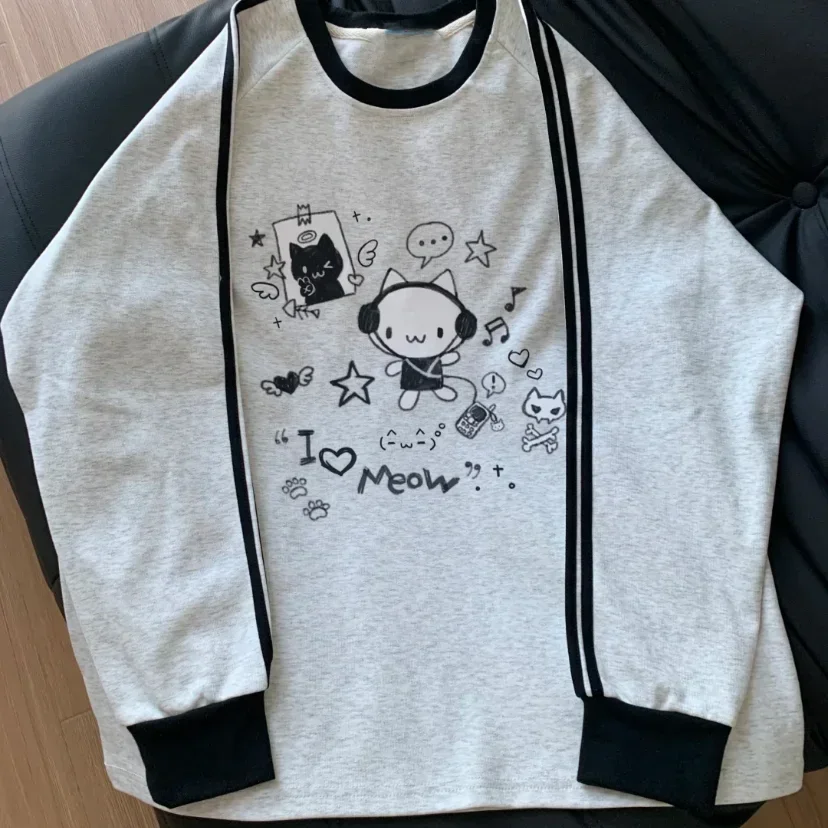 

Cat print anime sweatshirt pullover loose harajuku patch striped long y2k ins sleeve hoodie preppy style japanese clothing