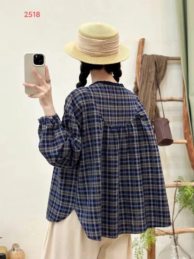 New 2025 Fall Cotton Long Sleeve Shirt, Women O Neck Plaid Ruffles Patchwork, Mori Girl Retro Preppy Style Loose Blouse T5O582CC