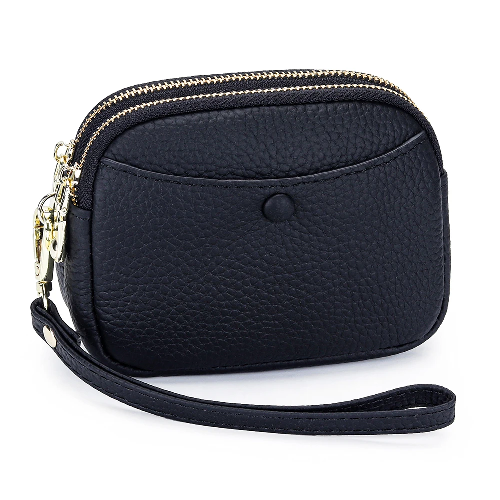 Women Coin Purses with Wrist Strap Genuine Leather Mini Ladies Bags Double Zippers Compartments Good for Coins, Keys, Lipsticks