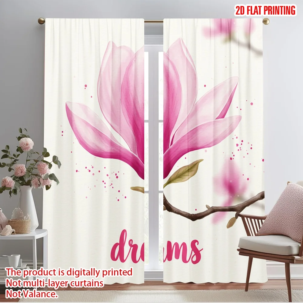 

2pcs 2D flat printing Curtain Pink Magnolia Dreams Fabric Without Electricity Festive Curtains for Photo Booths & Holiday