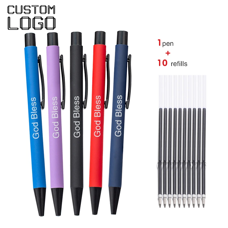 1pen + 10Refills Personalized Custom Logo Metal Glue Spraying Aluminum Rod Ball Point Pen Business Advertising Office Pens