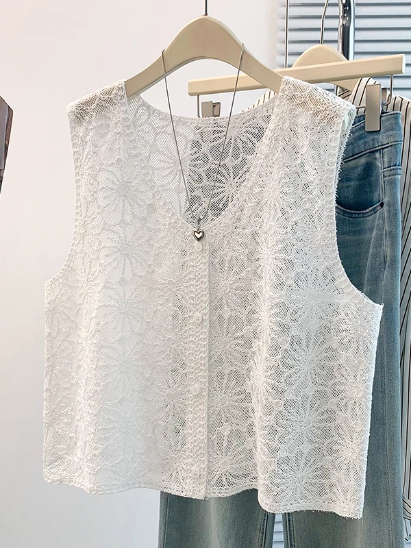 Lace Hollow out V-neck Tank Top Women's Layering Summer 2026 plus Size Fat MM Slim Short Outer Cover Shirt Female Garment