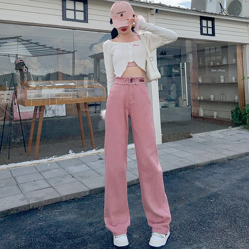 High quality long jeans for women wide leg tassel washing cotton denim casual young ladies vintage trousers - pink