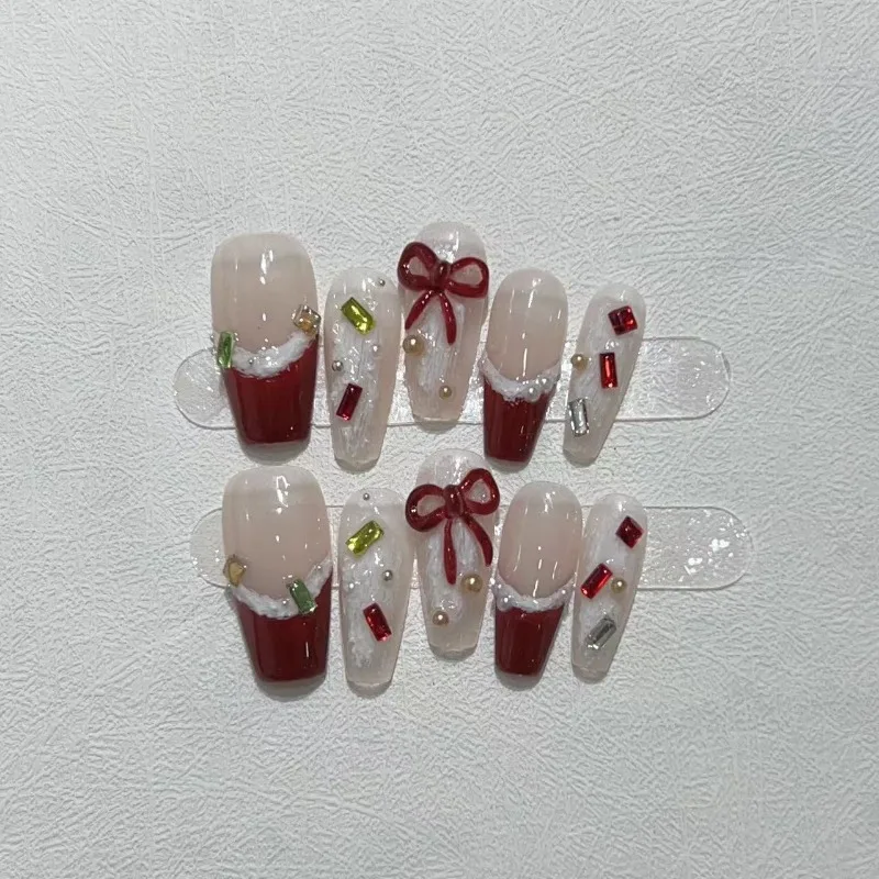 Faux ongles à couverture complète, N64.souhaits on N64.DIY Pure Handmade Patch, PerfecFake Nails, Bourgogne Bow, 10Pcs Set