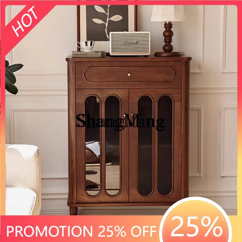 

FG black walnut solid wood dining side cabinet living room retro small apartment against the wall high side wine entrance