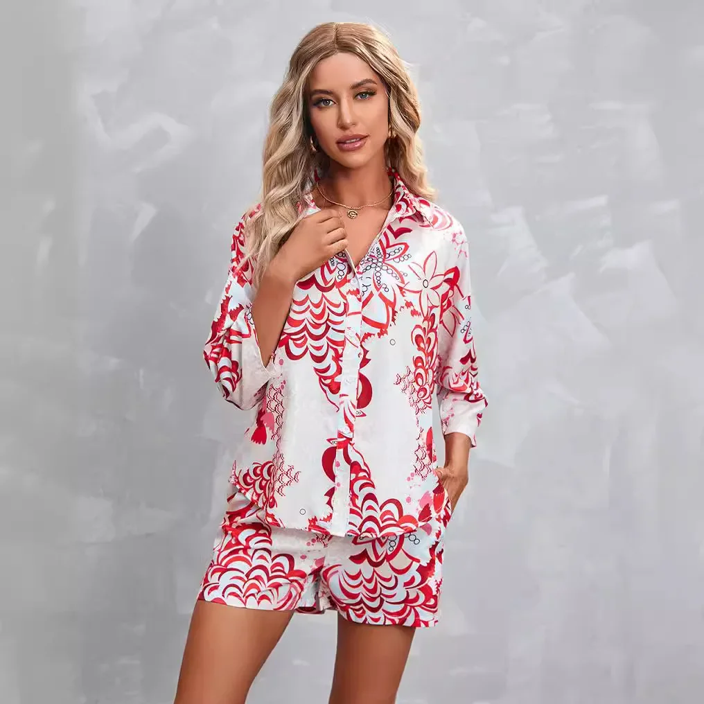 Sommer Turn Down Kragen Shirt 2ps Vintage Print Kurzarm Knopf Hemd und Shorts Set 2 Stück Sets Damen Outfits Frauen Set