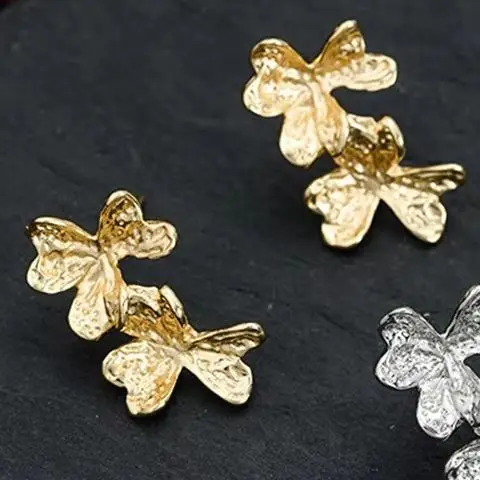 

925 Silver Needle 14K Gold-Plated Stud Earrings DIY Handcrafted Jewelry Making Materials Two Small Flowers with Hanging Design