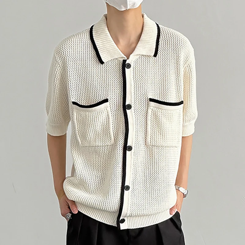 

Men's Hollow Out Short-Sleeved Shirt Vintage Turn-Down Collar Contrast Color Front Pocket Design Thin Knitted Sweater Cardigan