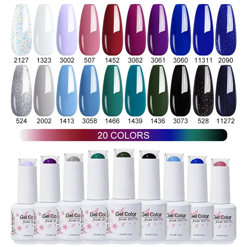 Clou Beaute Groothandel 20 stks/set Glitter Gel Lak Kit Voor Manicure Semi-Permanente Hybride Vernissen Basis En Top Nail Art