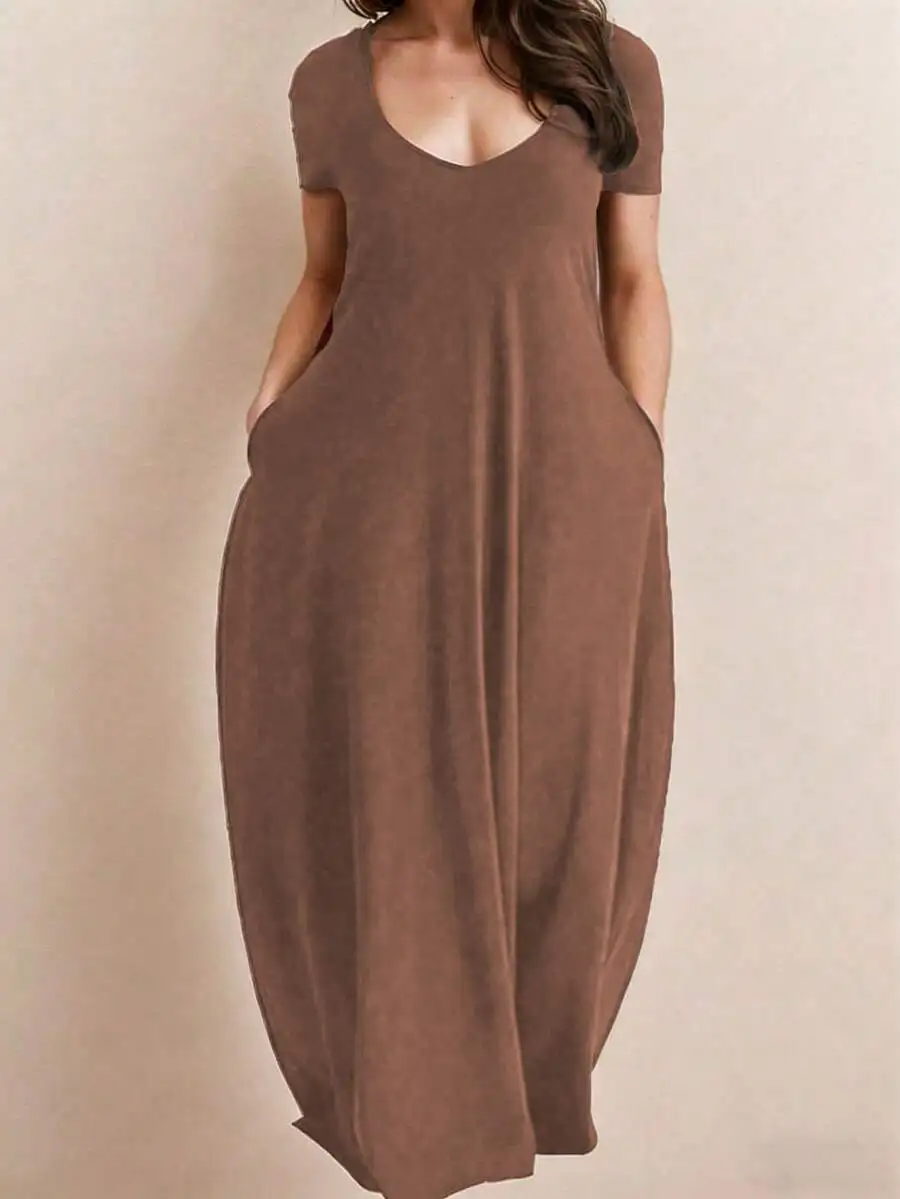 

Plus Size Solid V-Neck Loose Maxi Dress With Pockets Summer