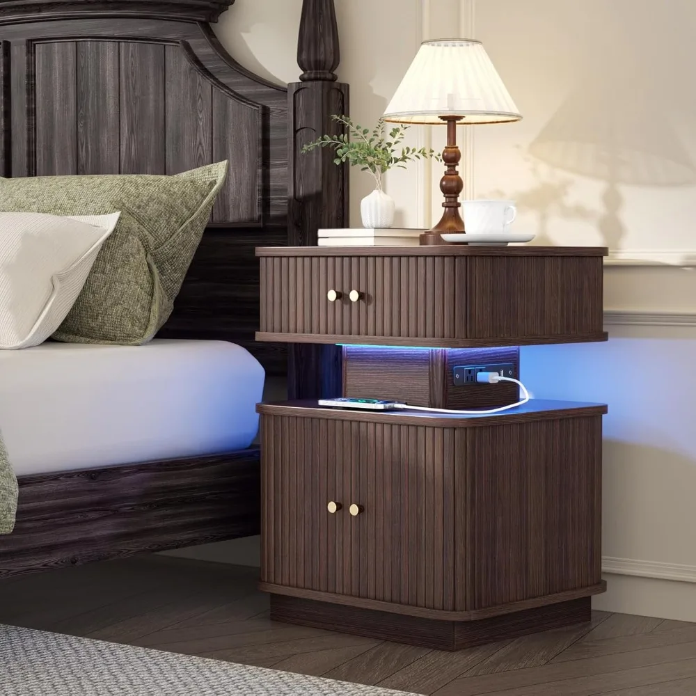 

Night Stand, LED Nightstand, Modern Nightstand with Charging Station, Night Stand with 2 Drawers and Sliding Door, Curvy Edge, S