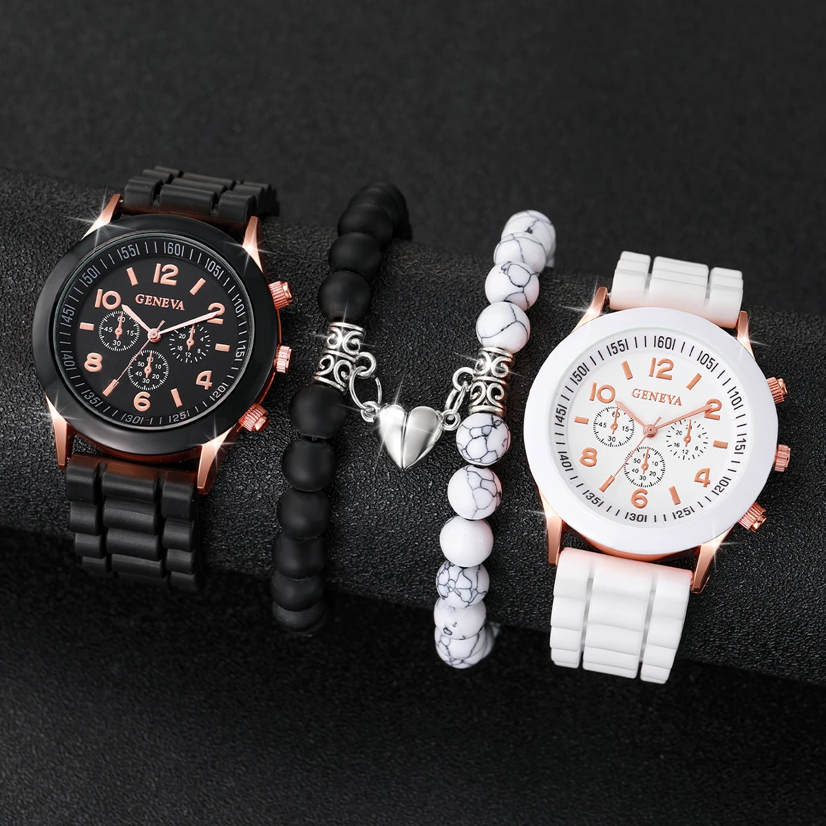 4 STKS Paar Horloges Mode Arabische Vrouwen Quartz Horloge Casual Siliconen Band Horloges Magneet Hartvormige Armbanden Set