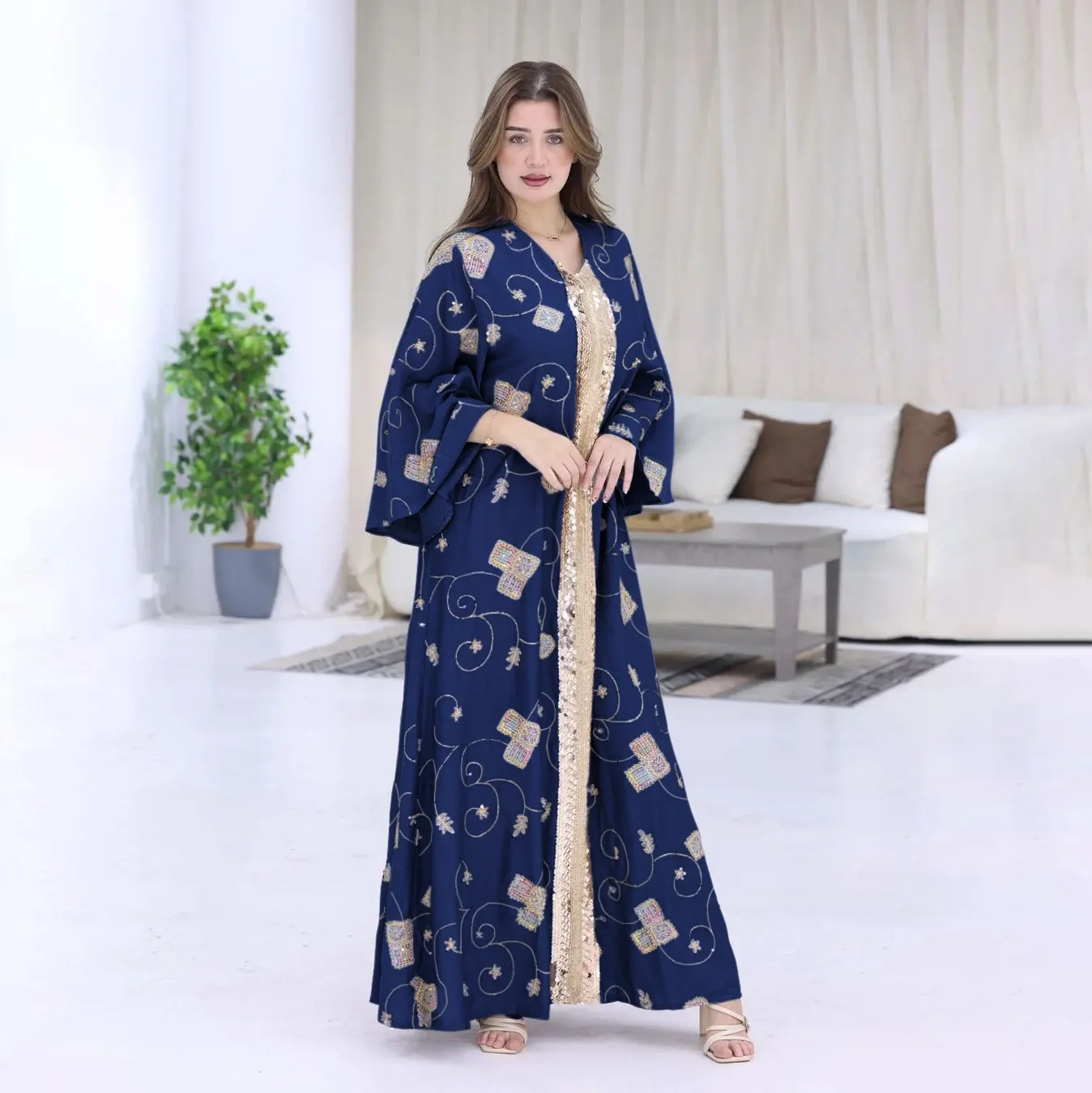 Fashion Sequin Abayas Maxi Evening Party Long Sleeve Turkey Dress Muslim Women Dubai Kaftan Islam Clothing Wedding Plus Size New