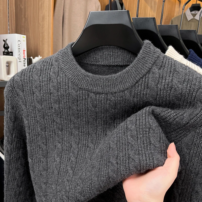 High Quality Man Long Sleeves Knitted Sweater Round Neck Cable Design Warm British Style Thicken Autumn New Leisure Leisure Mens