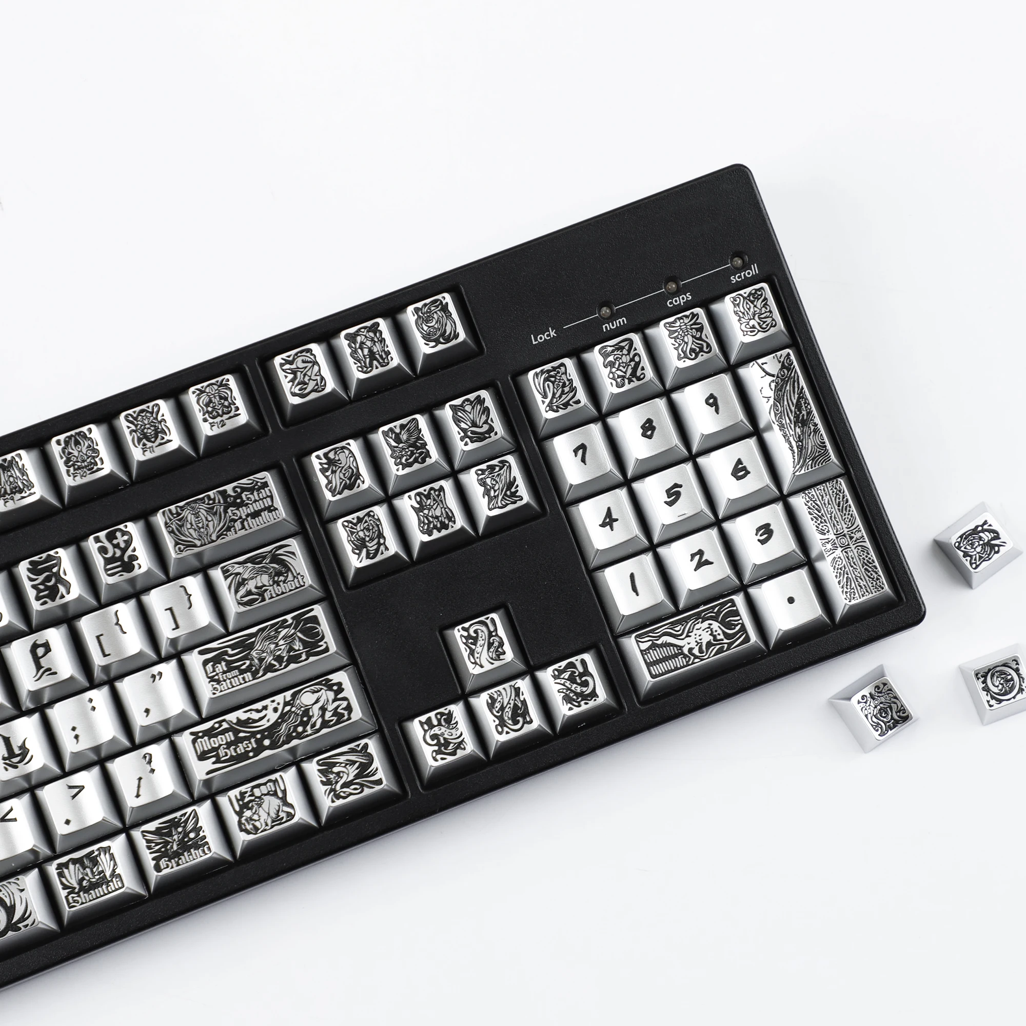YMDK 126 Keys Ancient Gods Theme Cherry Profile Metallic Paint UV Print Keycaps for 61/75/87/100/108 MX Mechanical Keyboards