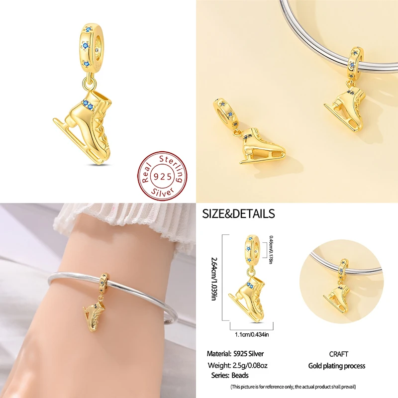 New 925 sterling silver skate shoes pendant beads, suitable as an original women's bracelet to wear as a gift or DIY exquisite j