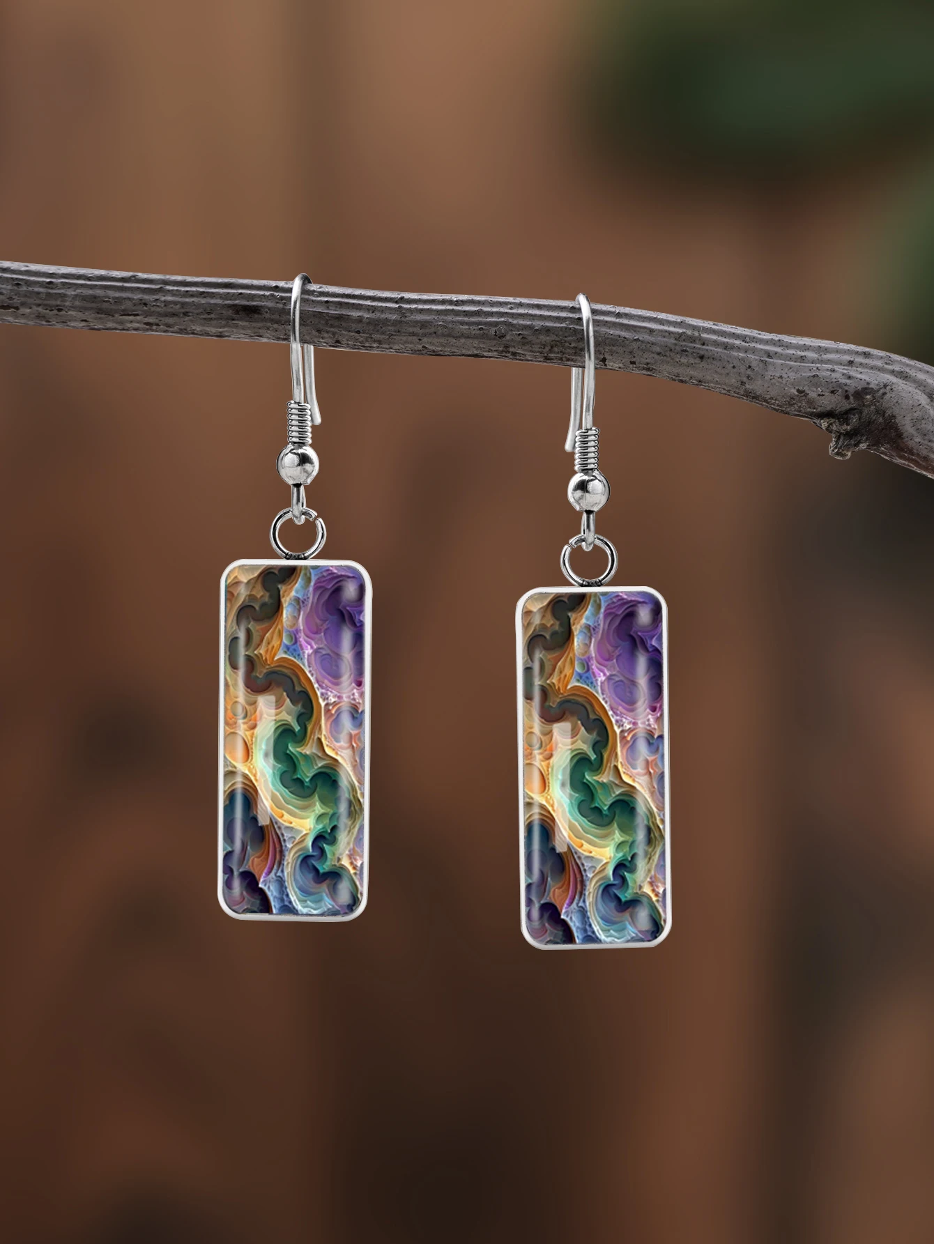 1 Pair of Colorful Quicksand Pattern Earrings with Convex Glass and 316 Stainless Steel Long Hooks, in a Retro and Simple Style, Suitable for Women for Everyday Gift-Giving and Wearing, Jewelry Earrings That Are Elegant and Simple in Style, Suitable for Women to Wear on a Daily Basis or during Vacations