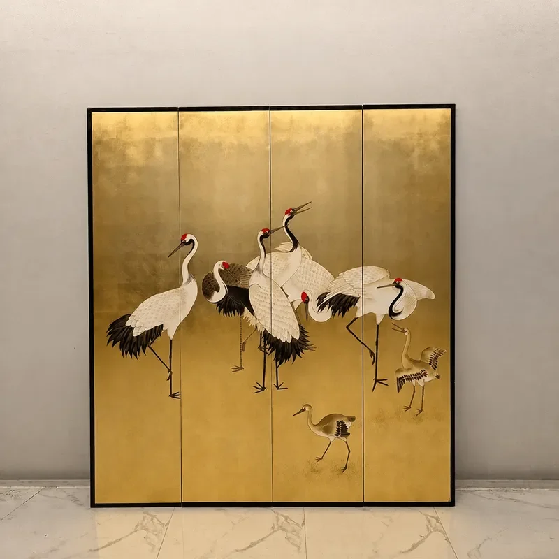 Japanese Style Crane Folding Mobile Screen Gold Foil Hand Painted Lacquer Living Room Partition Background Wall Divider
