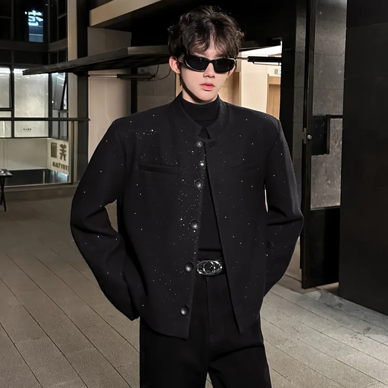 WTHT Fashion Men's Spliced Sequins Shoulder Pads Design Coats Trendy Round Collar Long Sleeves Jackets Male 2025 Autumn 2A2187