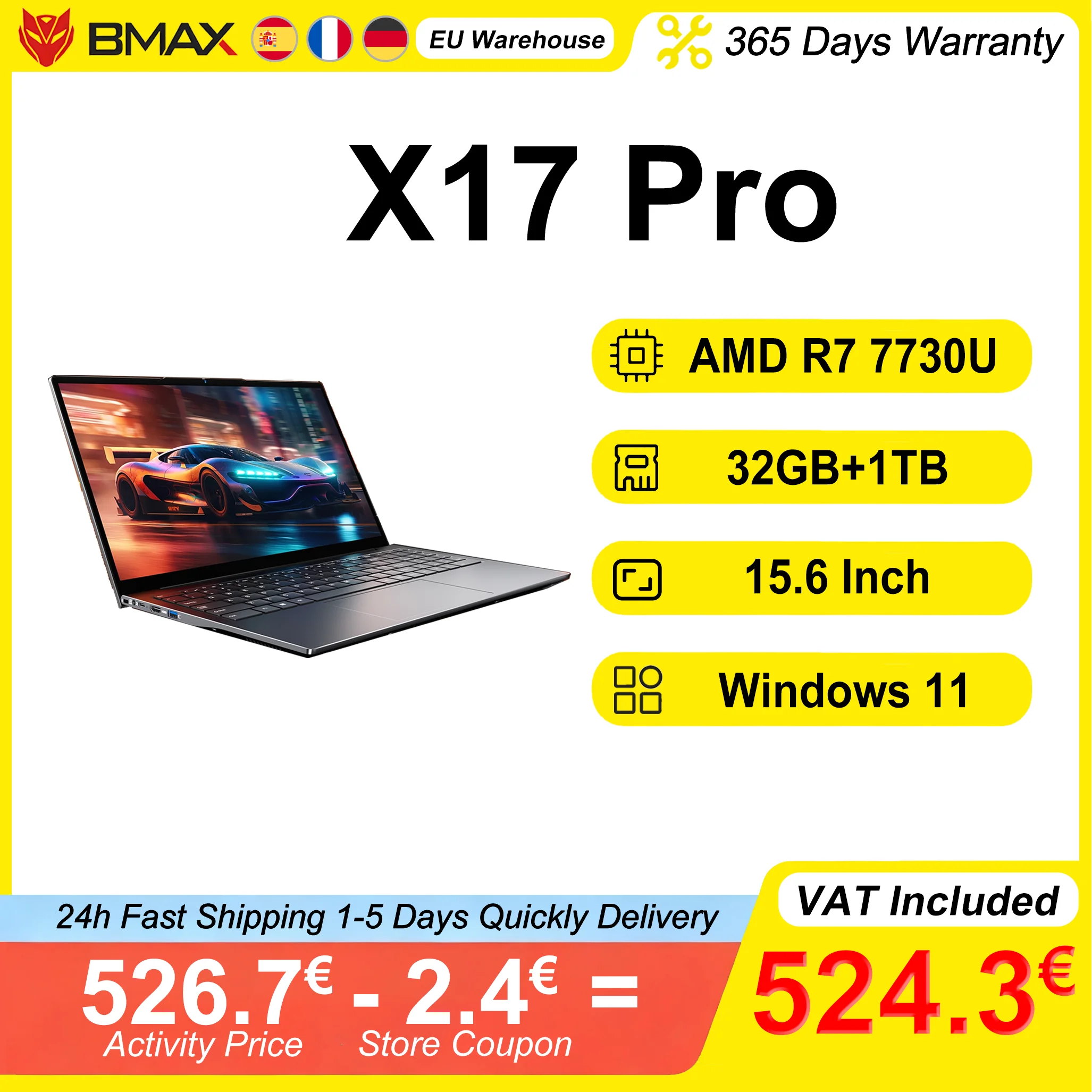 BMAX X17 Pro Laptop 15.6 Inch Full HD 32GB RAM 1TB SSD AMD Ryzen 7 7730U Windows 11 Gaming And Business Notebook BT WiFi Type-C