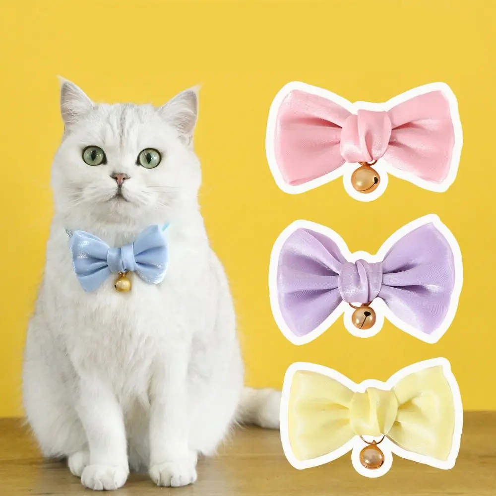 Cute Coloured Kitty Necklace Velvet Pearly-lustre Cat Collar Bow with Bell Grooming Supplies Anti-choking Pet Collar Cat Dog