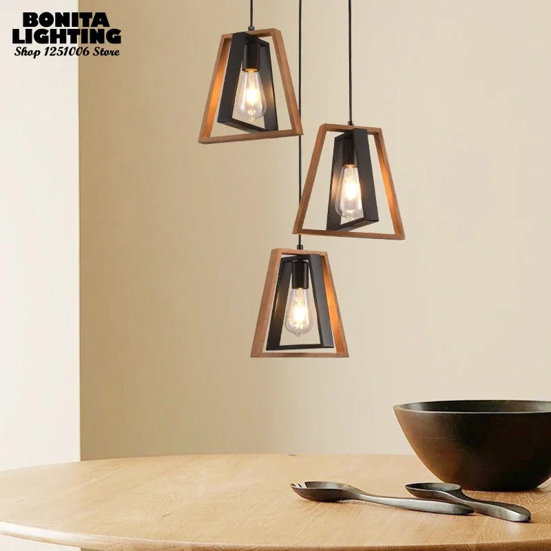 Double Layered Trapezoidal Rotating Wooden Frame Pendant Lamp Retro Industrial Style Chandelier Home Decoration Pendant Light
