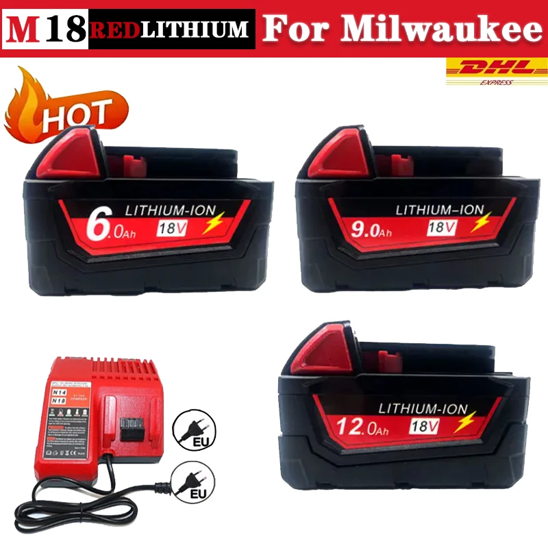 

For Milwaukee M18 Power Tool Battery, Charger, BR, XC, 18V, 6000mAh M18B5, 48-11-1860, Built-in 18650 Battery 6000mAH/12000mAH