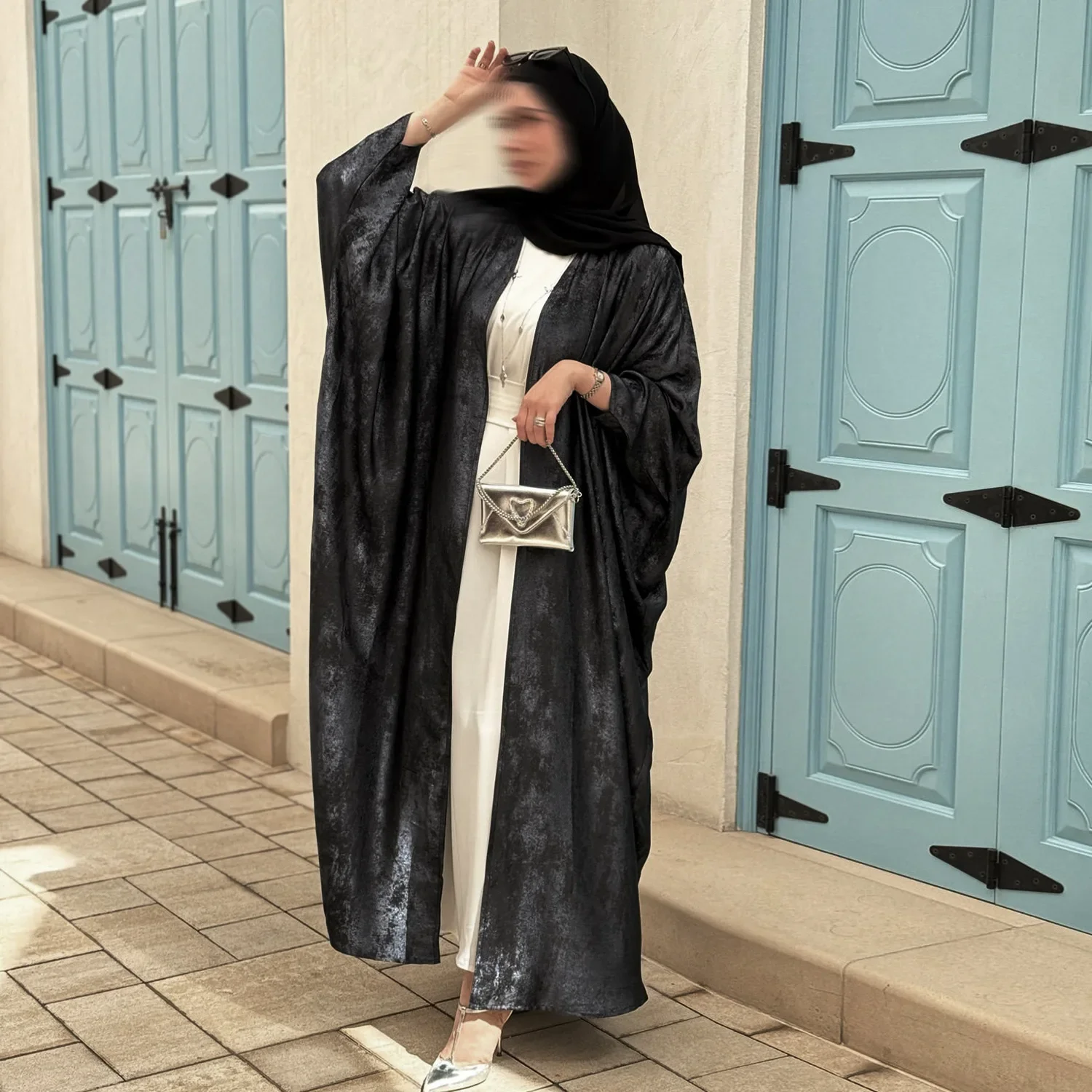 Nero Aperto Abaya Kimono Bronzo Lucido Musulmano Partito Abito Lungo Abaya per Le Donne Dubai Lusso Turchia Arabo Caftano Abiti Islamici