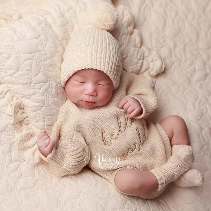 الوليد التصوير الدعائم الشمال الأبيض محبوك الزي مع قبعة دمية دب بطانية الديكورات سلة من الخيزران مجموعة لالتقاط الصور في الاستوديو #4