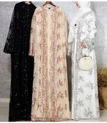 Luxury Rose Gold Sequin Dubai Evening Dress With Cardigan Elegant Arabic Muslim Long Sleeve Prom Dresses 2022 Formal Caftan Robe