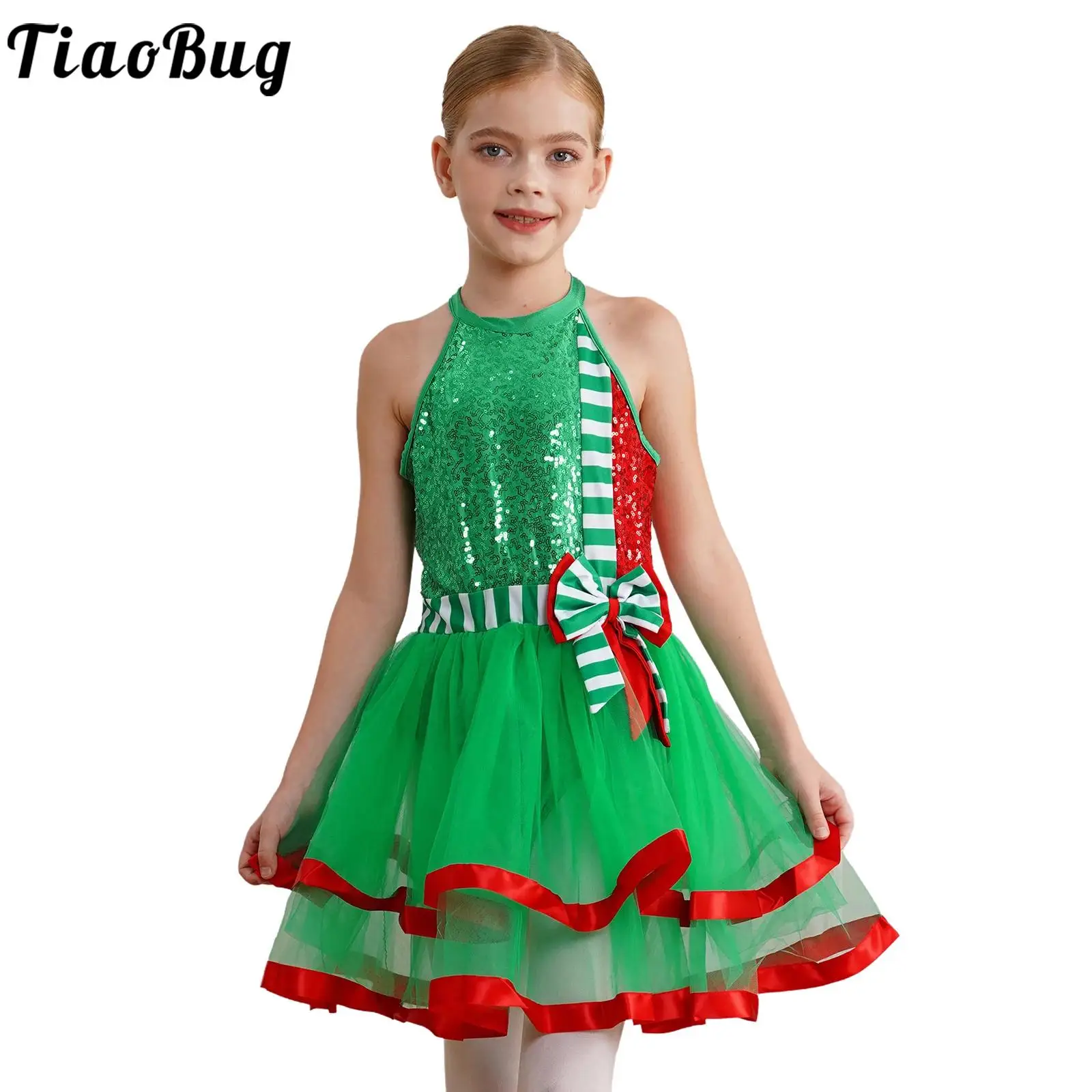 

Kids Girls Mrs Santa Claus Costume Sequins Bow Stripes Christmas Dance Dress Figure Ice Skating Tutu Dress Leotard Dancewear