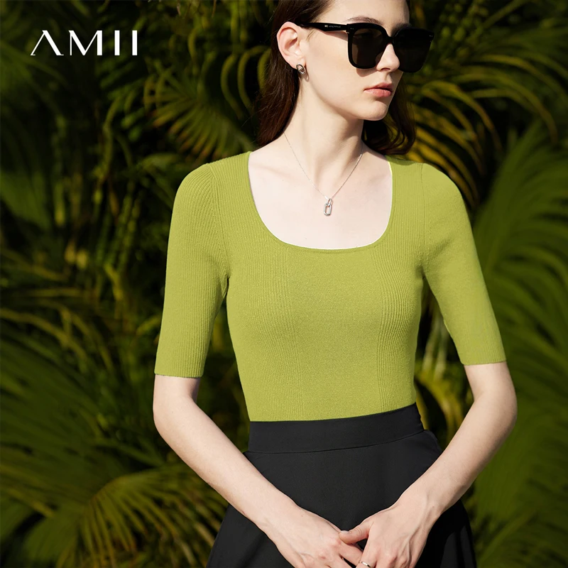 Amii Women's Knit Top 2026 Summer Slim Ribbed Mid-Sleeve Sweater Pullover French Square Neck Casual Jumper for Women 12612012