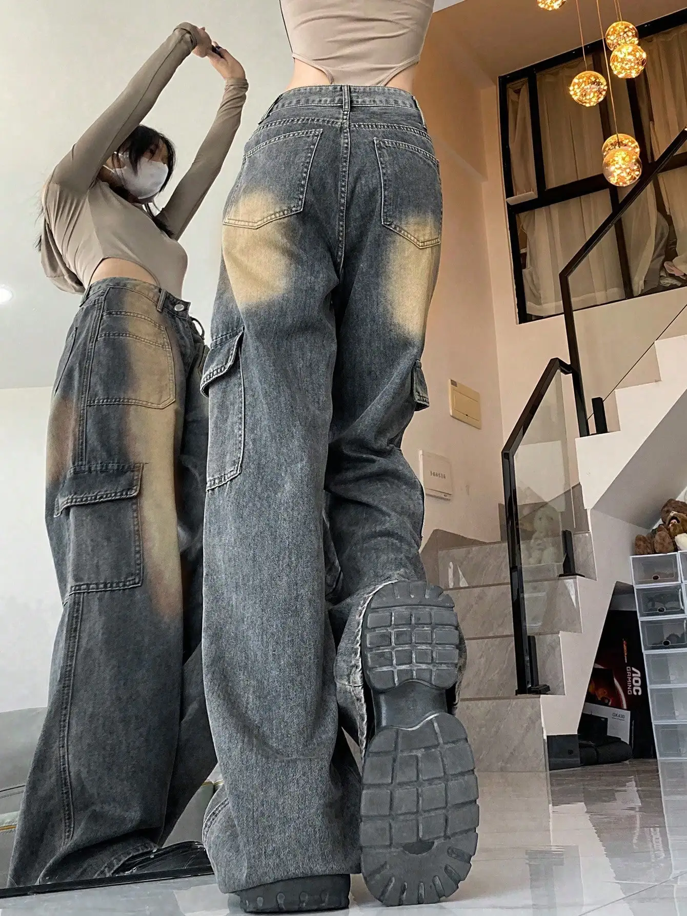 Korean Chic Autum American Retro Distressed Denim Cargo Pants for Small People, Loose, Slim and Tall Floor-Length Pants for Women