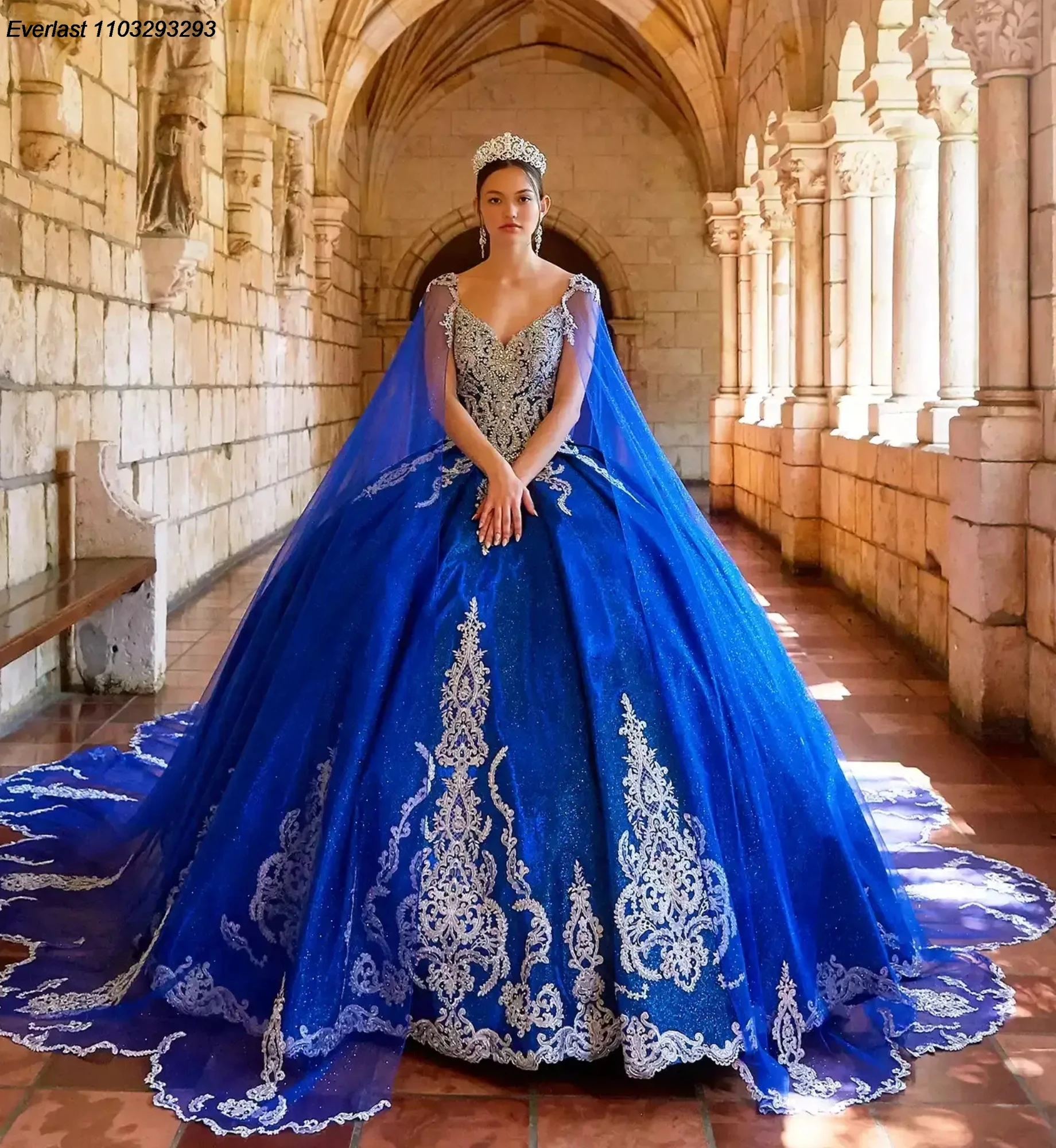 EVLAST Customized Royal Blue Quinceanera Dress Ball Gown Lace Applique Crystals Beaded Cape Sweet 16 Vestido De 15 Anos TQD337