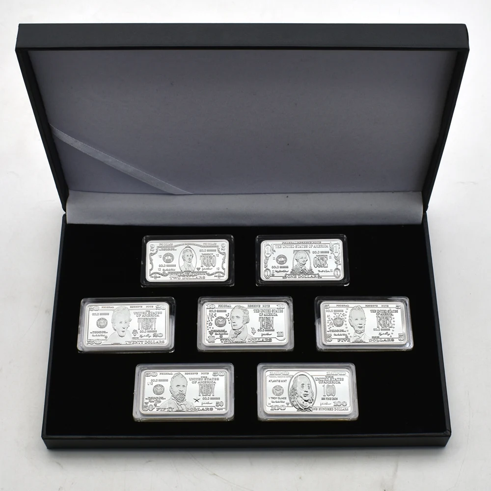

Silver Plated USD 100 50 20 10 5 2 1 Silver Strip with Box Metal Coin Blocks Antique Coin Collection Holiday Gift