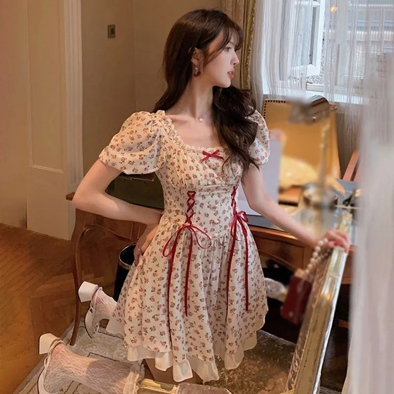 여성용 우아한 스퀘어 넥 짧은 원피스 반팔 꽃 프린트 모리 걸 스타일 퍼프 드레스, 나비 넥타이 레이스 러플, 여름