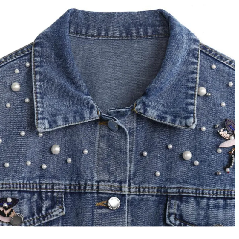 2025 Women's Korean Edition Loose Long Sleeve Short Coat Spring Autumn New Heavy Industry Five Dragonfly Nail Bead Denim Jacket