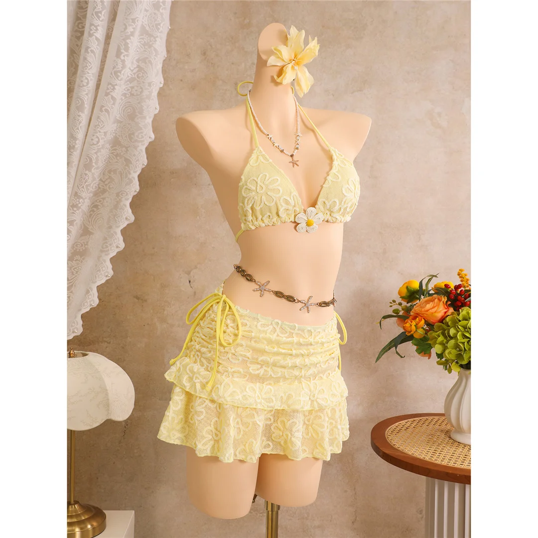 Mit Rock, Blumenmuster, Neckholder-Bikini, Damen-Badebekleidung, dreiteiliges Bikini-Set, Badeanzug, Badebekleidung, Schwimmkleidung V8322 – Detail 12