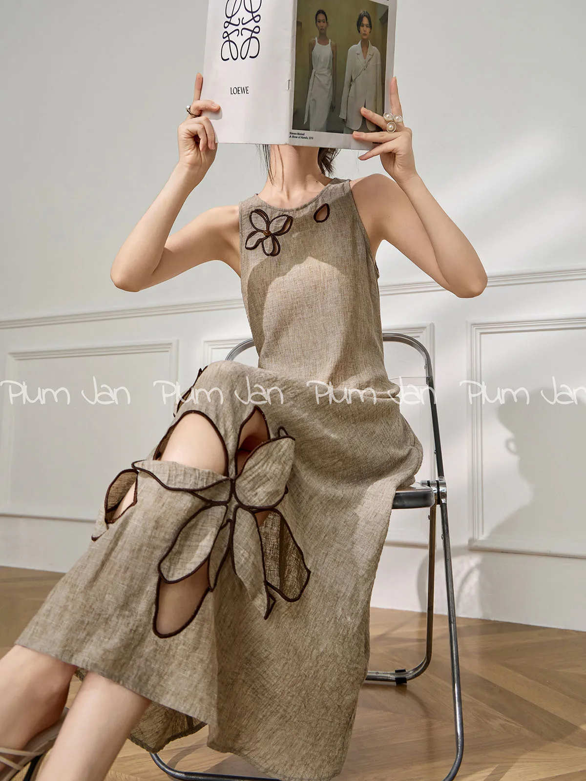 Women's French Vintage Floral Maxi Dress Hollow Out Sleeveless Loose Fit Casual Long Dress Elegant Boho Summer Fashion Outfit