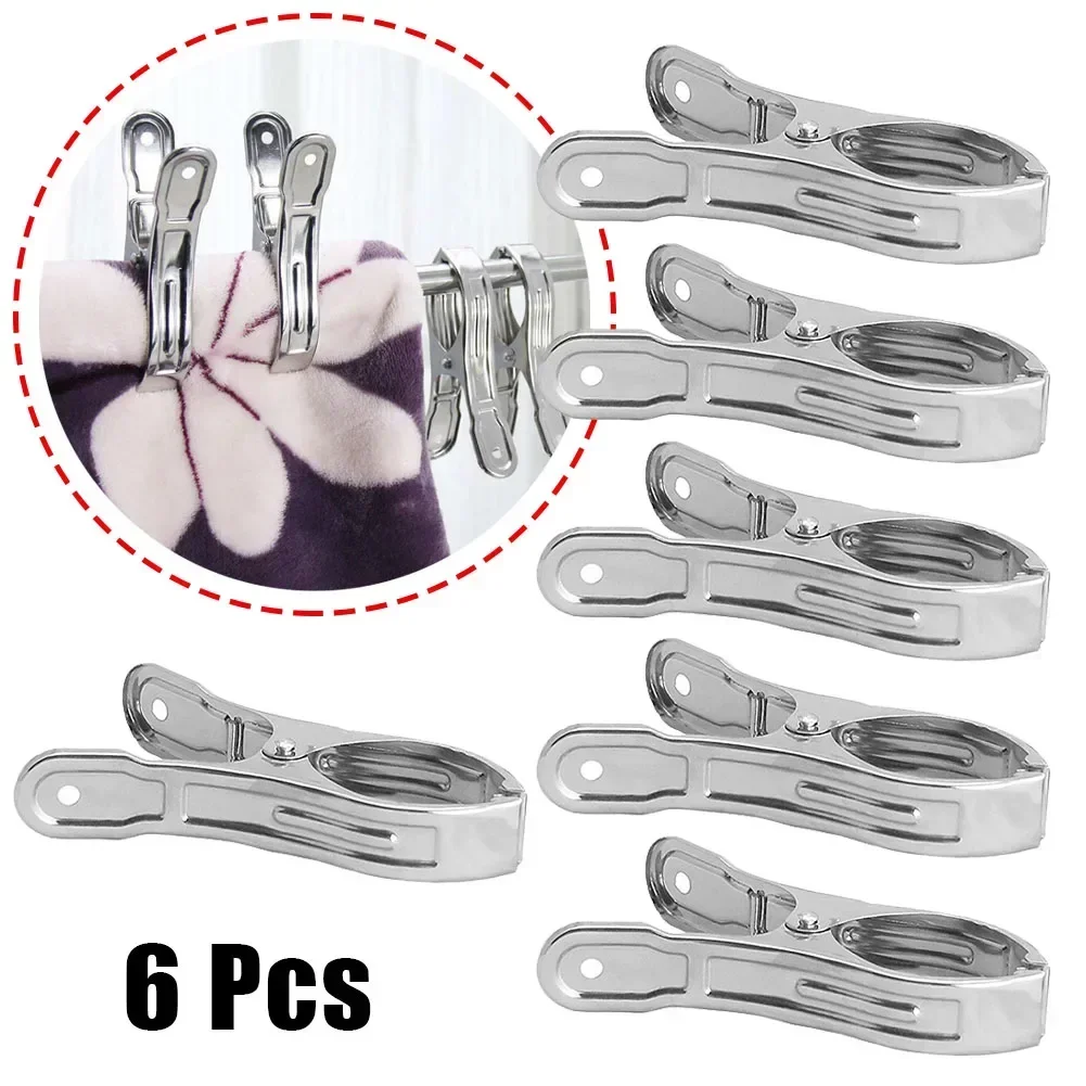 6 Pcs Large Towel Clips Stainless Steel Clothespins Clothes Pegs Hanger Clamp For Beach Household Garden Drying Supplies